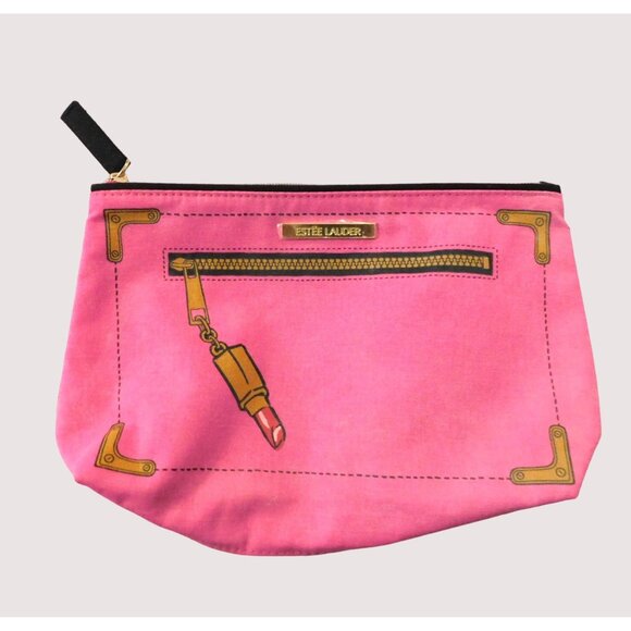 Estee Lauder Cosmetic Bag Pink Canvas Lipstick Print Zipper Closure Makeup - Picture 1 of 5